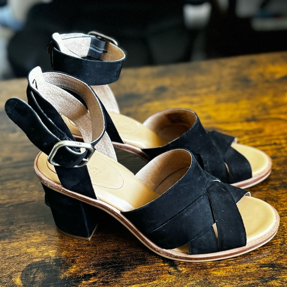 UGG Black Suede Block Heel Sandals with Buckle Ankle Strap
